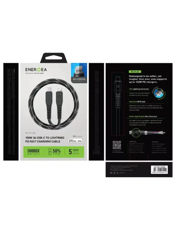 ENERGEA NYLOFLEX 100W 3A USB-C TO LIGHTNING PD FAST CHARGING CABLE | 3M LENGTH